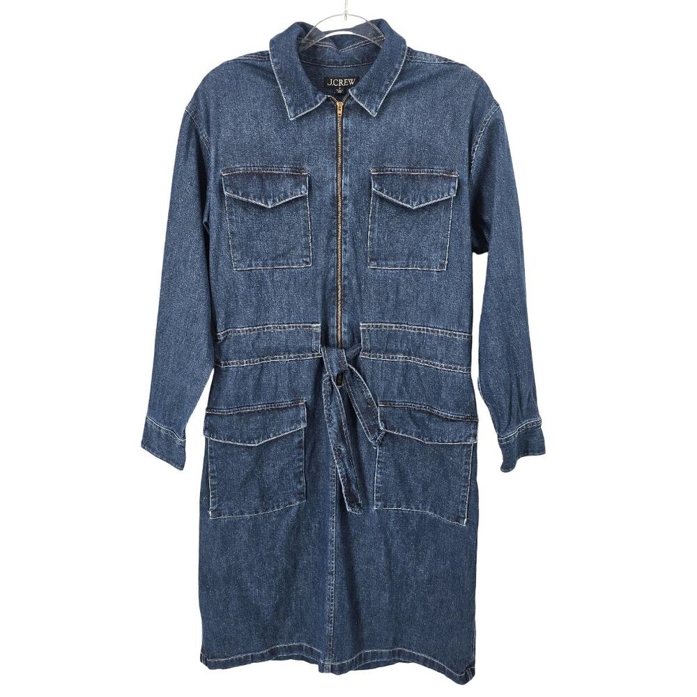 J.Crew Denim Utility Midi Dress Zip Front Belted 4 Pocket Cotton Blue Size 6